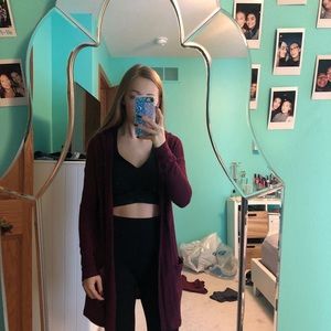 long hooded burgundy cardigan